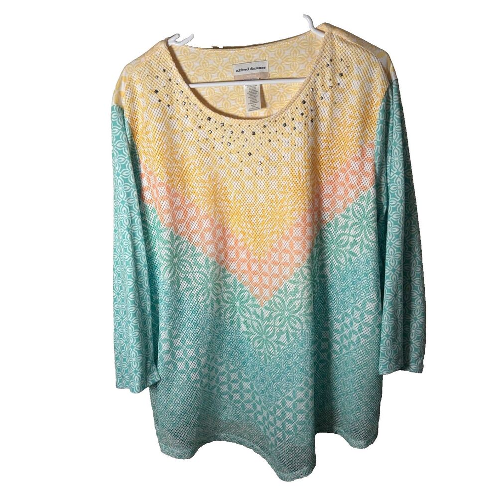 Alfred Dunner Blouse Women's 3X Round Neck Rhinestone 3/4 Sleeve Textured Top